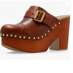YDN Brown Chic Platform Round Toe Rivet Studded Block Heels Buckled Strap Mules